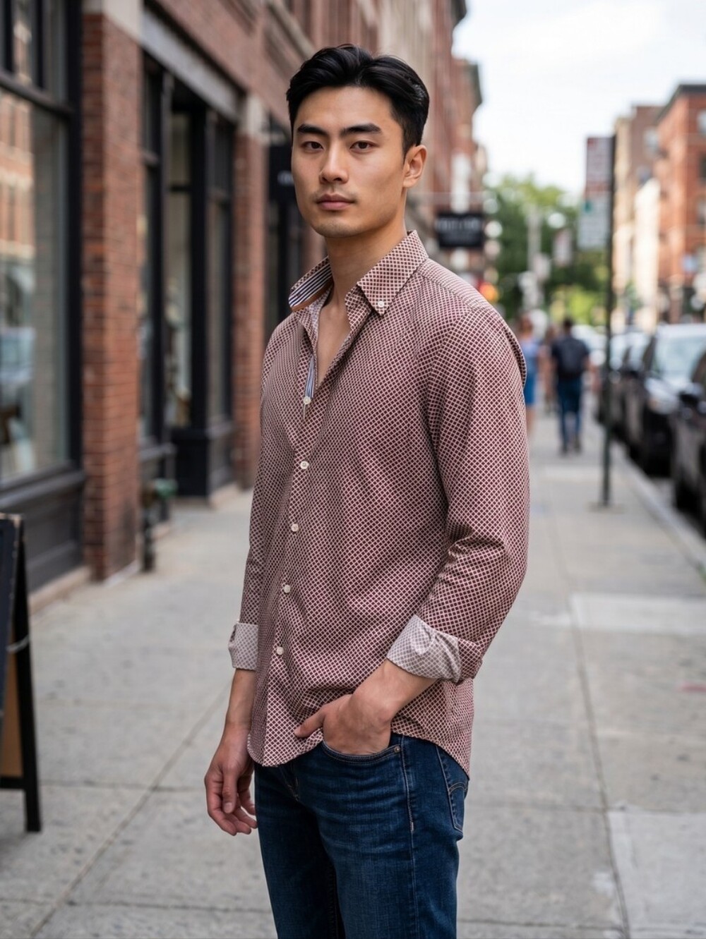 Casual Long-Sleeve Button-Down Shirt in Brick Red Micro-Print 1056